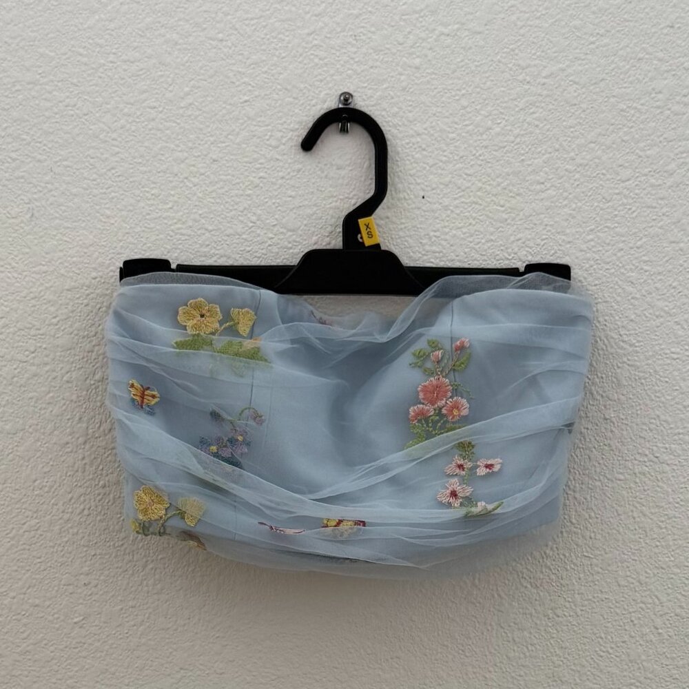 The Tinsel Rack Size S Blue Embroidered Tube Top w/ Tulle